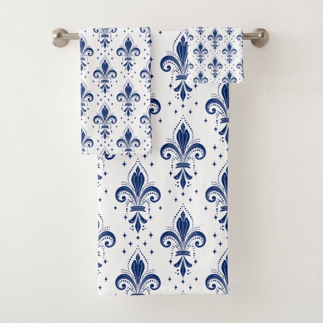 Blauer Fleur-de-lis nahtloses Muster auf weiß Badhandtuch Set (Insitu)