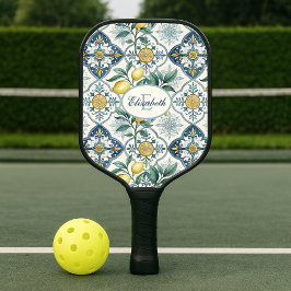 Blauer Fliesen-Land-Limonen-Muster-Monogramm-Name Pickleball Schläger