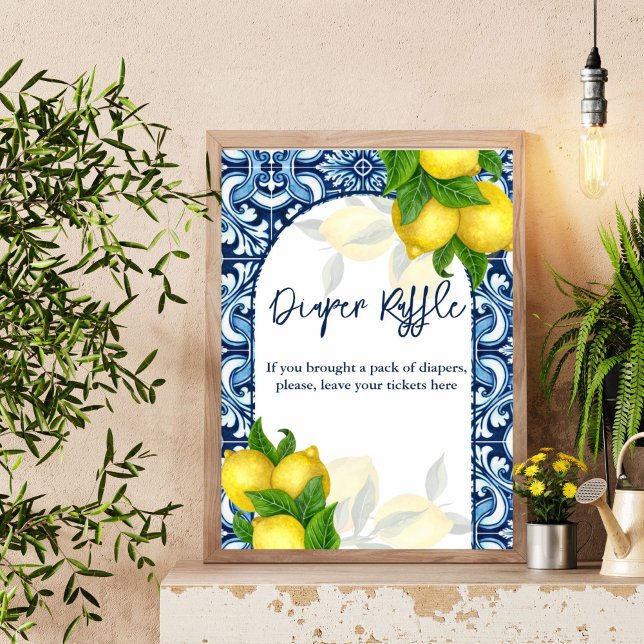Blauer Fliesenlemon Amalfi-Babydusche - Zeichen Poster (Blue tiles lemon Amalfi baby shower diaper raffle sign Mediterranean baby shower table sign)