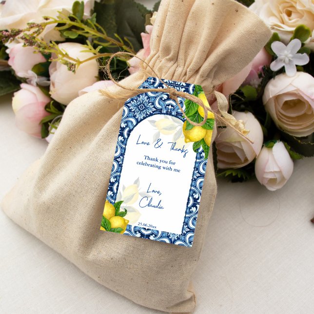 Blauer Fliesenlemon Amalfi Brautparty Vielen Dank Geschenkanhänger (Blue tiles lemon Amalfi bridal shower thank you Gift Tags)
