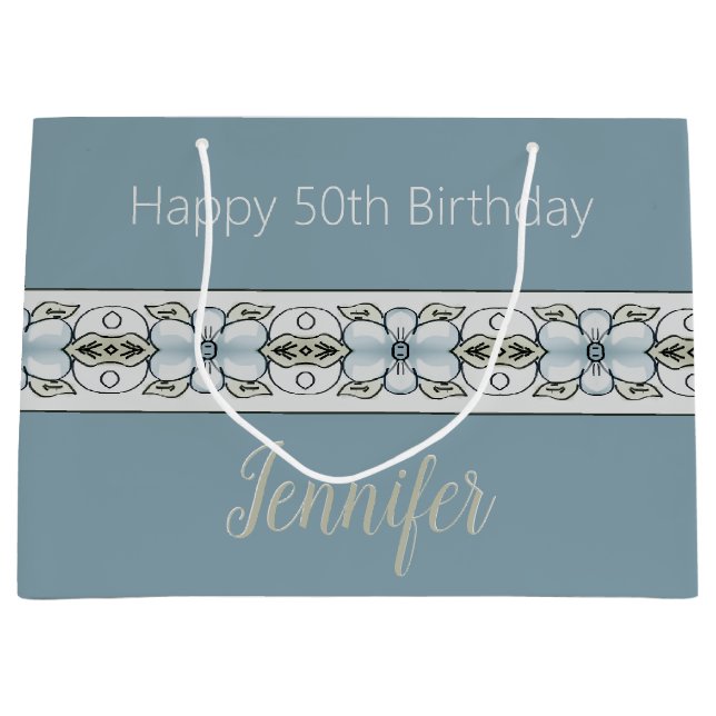 Blauer Floral Accented Große Geschenktüte (Vorderseite)