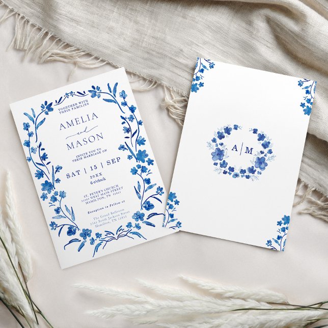 Blauer Floral-Aquarellrahmen Hochzeit Einladung (Front and back of blue watercolor floral frame wedding invitation)