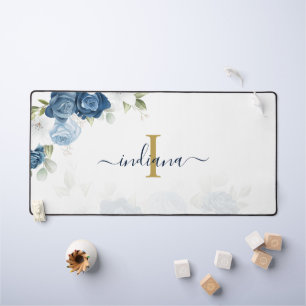 Blauer Floral Monogram Name Elegant Schreibtischunterlage