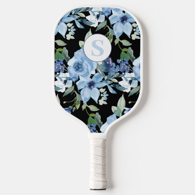 Blauer Floral Monogram Pickleball Paddel Pickleball Schläger (Vorderseite)