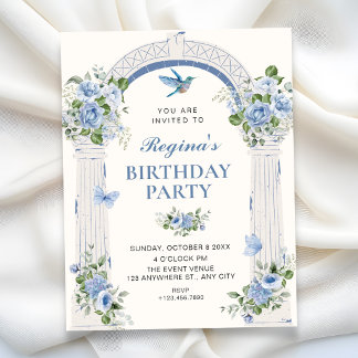 Blauer floraler Torbogen-Geburtstag Einladung