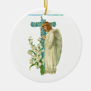 Blauer Flower Christlich Cross Keramik Ornament