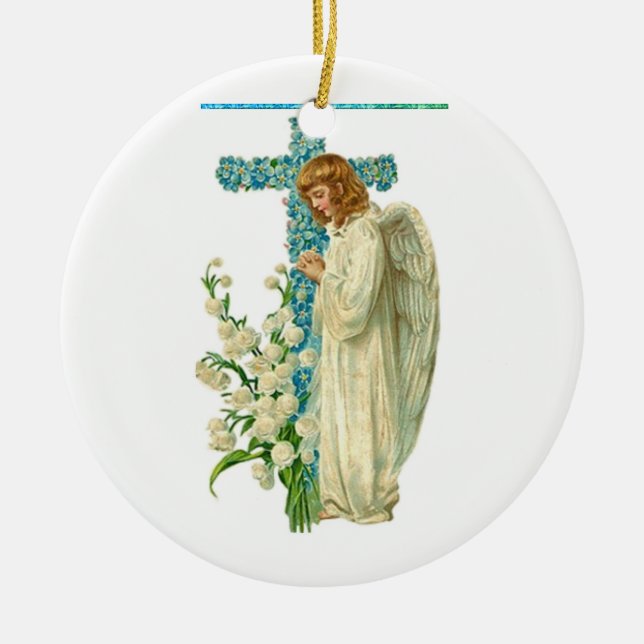 Blauer Flower Christlich Cross Keramik Ornament (Vorne)