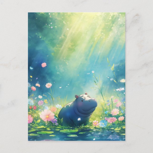 Blauer Flusspferd auf sonnendurchfluteter Sommerbl Postkarte (Vorderseite)