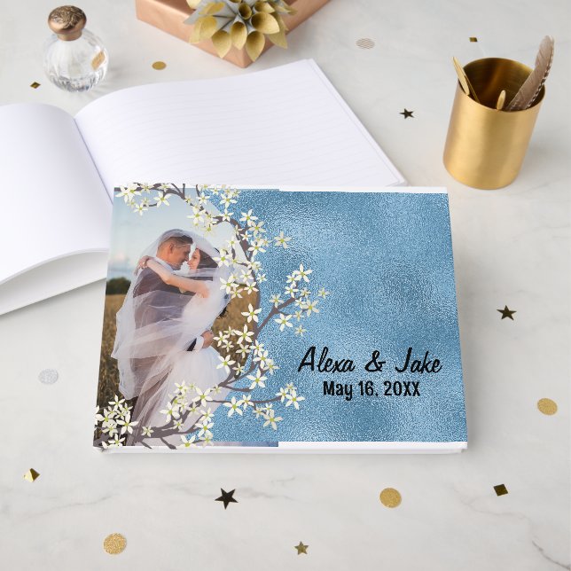 Blauer Foto und Hochzeitskranz Gästebuch (Vorderseite Offen)