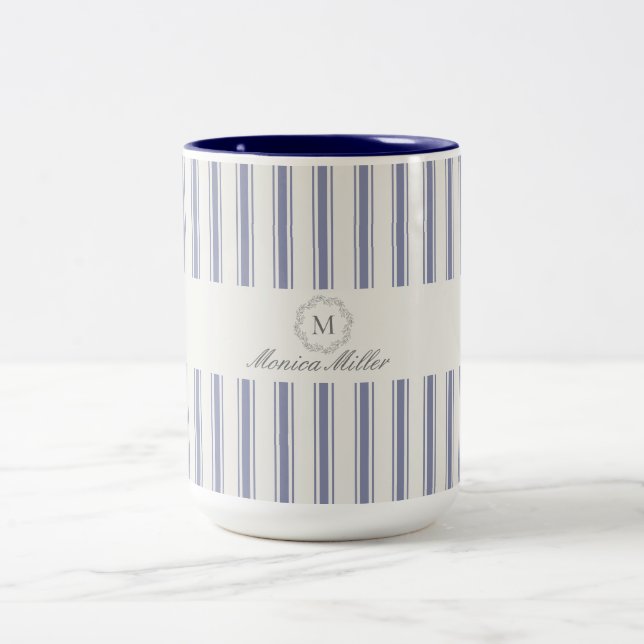 Blauer französischer Stil gestreift Zweifarbige Tasse (Mittel)