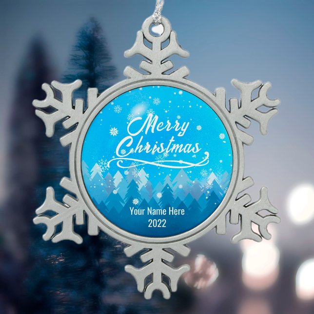 Blauer Friedlicher Schneewald Frohe Weihnachten Schneeflocken Zinn-Ornament (Von Creator hochgeladen)