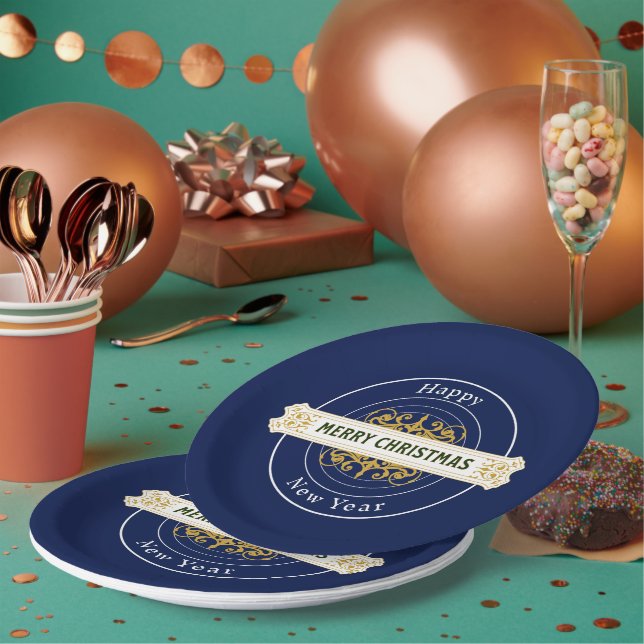 Blauer Frohe Weihnachten, glückliches neues Jahr P Pappteller (Multi)