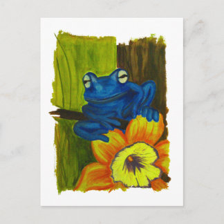 Blauer Frosch, der auf Blumen- und Postkarte