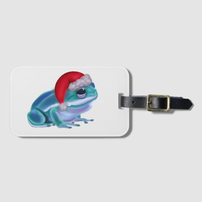 Blauer Frosch mit Santa-Hut. Gepäckanhänger (Vorderseite (Horizontal))
