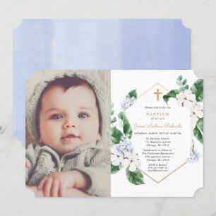 Blauer Frühlingsfloral Goldjunge Taufe Foto Einladung