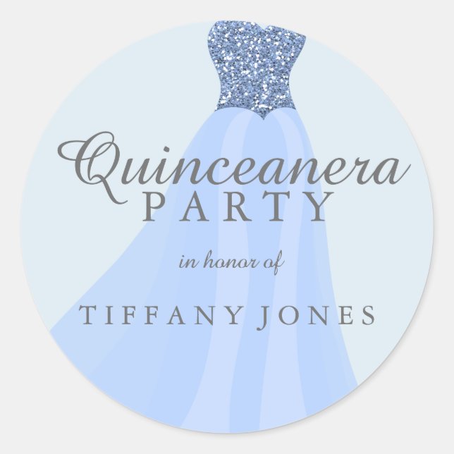 Blauer funkelnder Glitzer Gown Quinceanera Party Runder Aufkleber (Vorderseite)