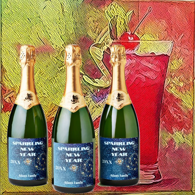 Blauer funkelnder Neujahrsfest Glitzer Sterne Blum (Blue Sparkling New Year Glitter Stars Floral Party Sparkling Wine Label)