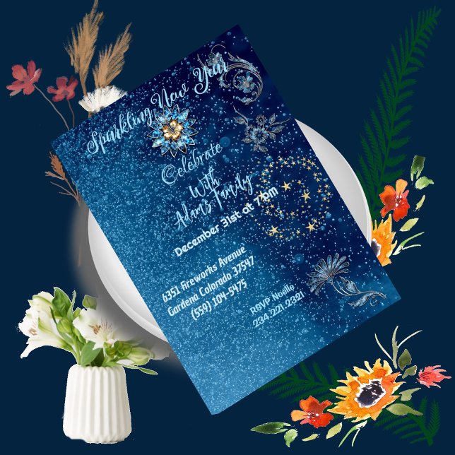 Blauer funkelnder Neujahrsfest Glitzer Sterne Blum Einladung (Blue Sparkling New Year Glitter Stars Floral Party Invitation)