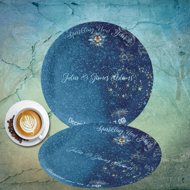 Blauer funkelnder Neujahrsfest Glitzer Sterne Blum Pappteller (Blue Sparkling New Year Glitter Stars Floral Party Paper Plates)