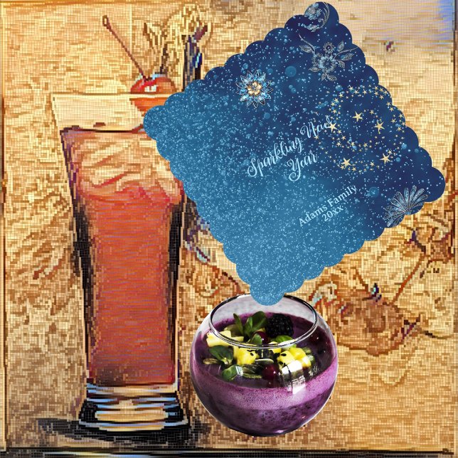 Blauer funkelnder Neujahrsfest Glitzer Sterne Blum Untersetzer (Blue Sparkling New Year Glitter Stars Floral Party Paper Coaster)