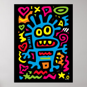 Blauer Funky Außerirdischer – Neon Pop Art seltsam Poster