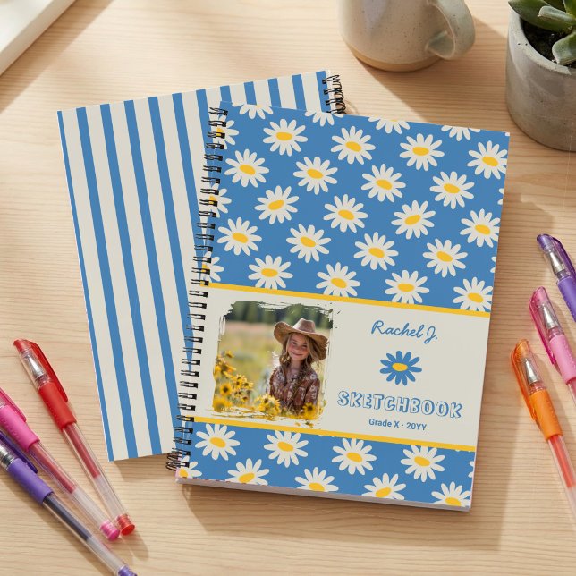 Blauer Gänseblümchen & gestreiftes Kinder-Foto-Ski Notizbuch (Personalized Daisy and Stripe Sketchbook with name and photo)