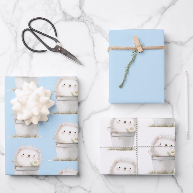 Blauer Garten-Igel mit Gänseblümchen-Geburtstag Geschenkpapier Set (Vorderseite)