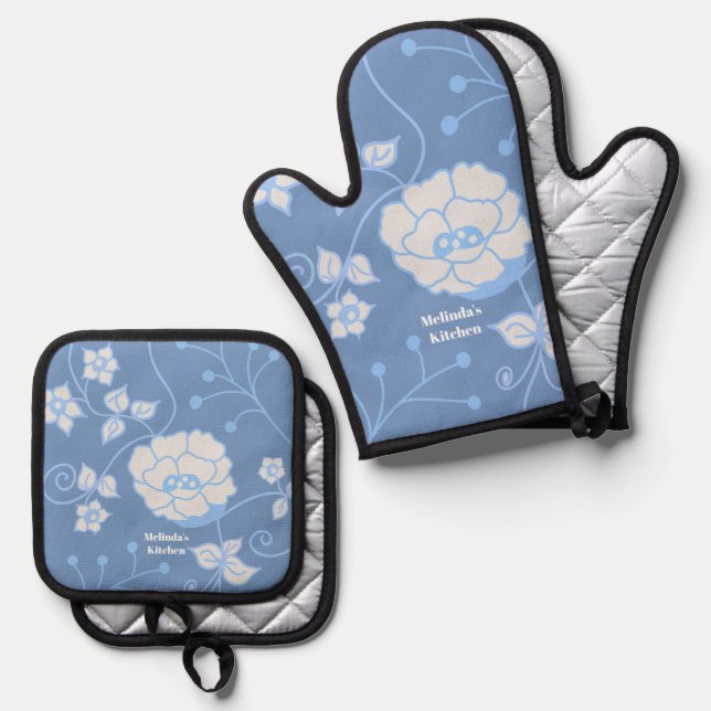 Blauer Garten Ofenhandschuh & Topflappen Set (Vorderseite/Rückseite)