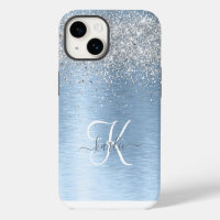 Blauer gebürsteter Metall Silber Glitter Monogramm