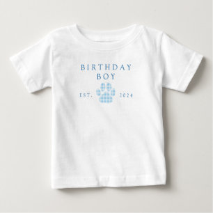 Blauer Geburtstagsjungen-Gingham-Pfotenabdruck-Geb Baby T-shirt