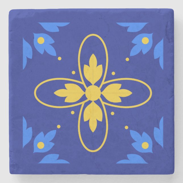 Blauer & Gelber Azulejo-Untersetzer Steinuntersetzer (Vorderseite)