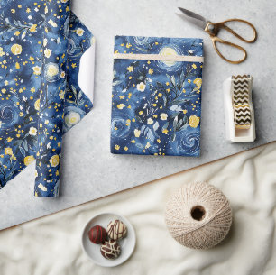 Blauer Gelber Blumiger Geburtstag Geschenkpapier