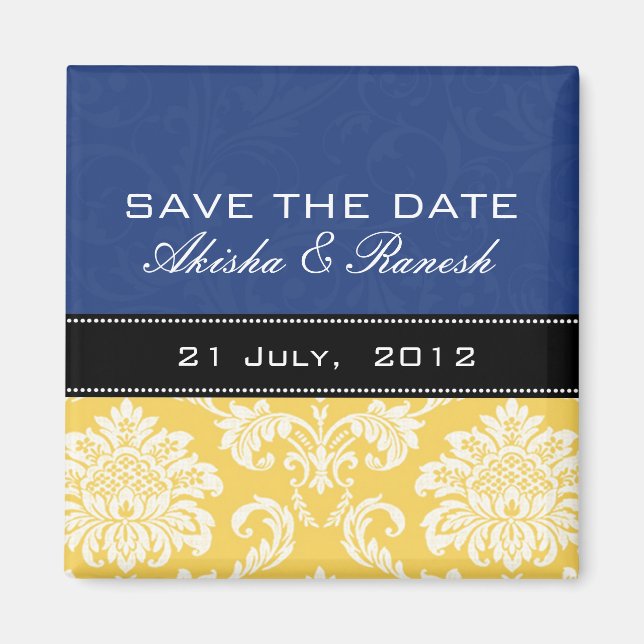 Blauer gelber Damast-Save the Date Magnet (Vorne)