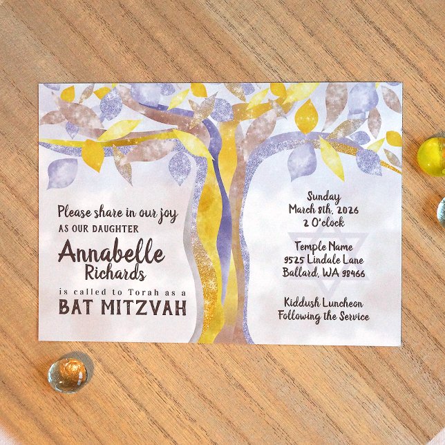 Blauer, gelber, gefleckter Baum Bat Mitzvah Einlad Einladung (Yellow, blue bat mitzvah invitations with entwined tree of life, glitter, sparkles tree leaves)