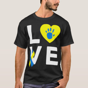 Blauer gelber Handdruck Herz-Welt-Down-Syndrom T-Shirt