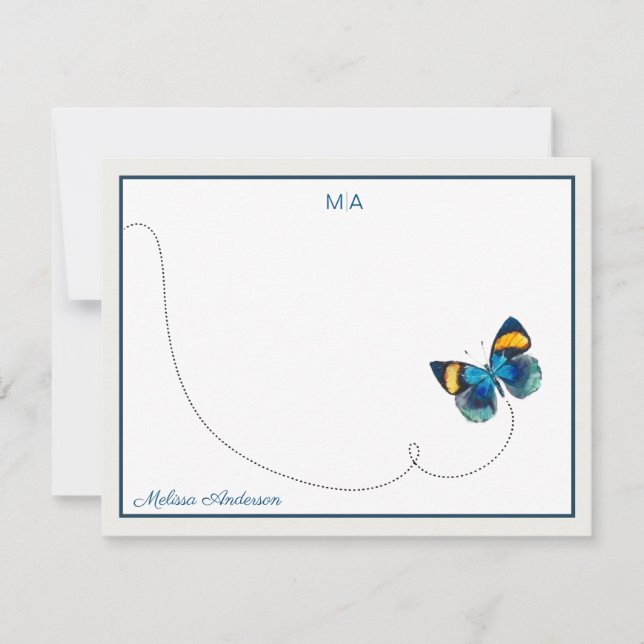 Blauer Gelber Schmetterling im Flug Monogram Name Mitteilungskarte (Vorderseite)