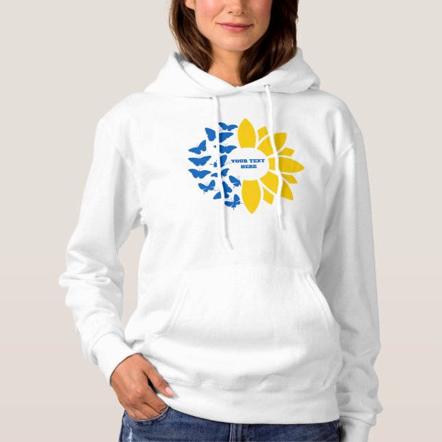 Blauer/gelber Sonnenblume. Eigener Text. Personali Hoodie (Vorderseite)