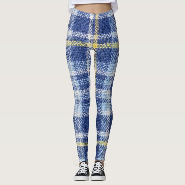 Blauer Gelber Tartan: Modische Karierte Leggings (Vorderseite)