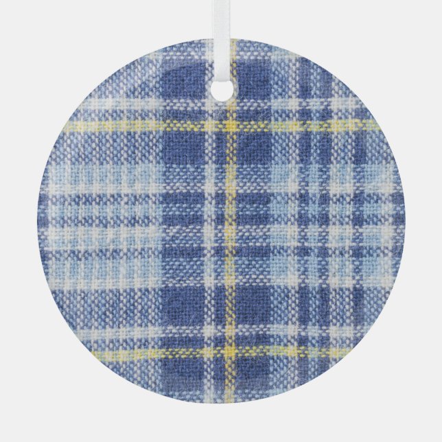 Blauer Gelber Tartan: Modische Karierte Ornament Aus Glas (Vorderseite)