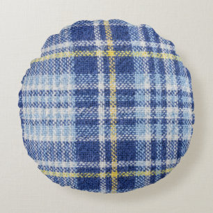 Blauer Gelber Tartan: Modische Karierte Rundes Kissen