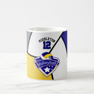 Blauer, gelber, weißer und grauer kaffeetasse