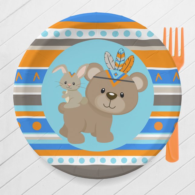 Blauer Gemusterter Waldbär und sonniges Party Pappteller (Tribal Woodland Forest Bear & Bunny Part Paper Plates in Blue, Baby Blue. Orange, Brown & Tan)
