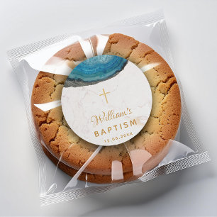 Blauer Geode Junge Taufe Weißer Marmor Gold Kreuz Runder Aufkleber