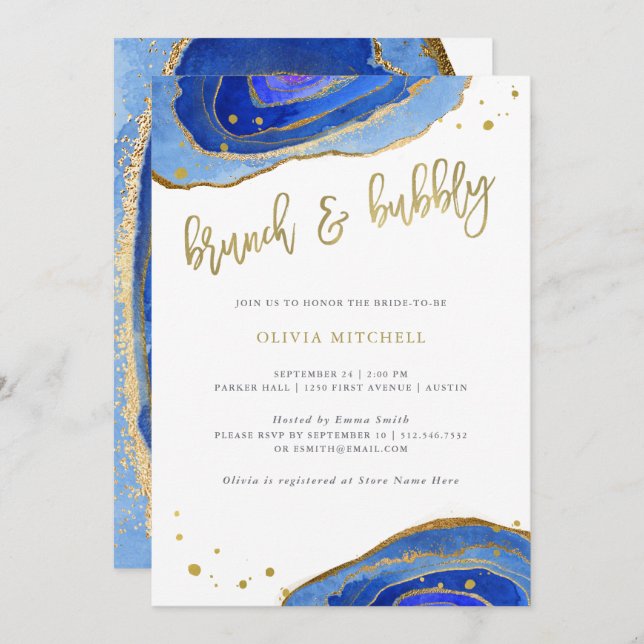 Blauer Geode mit Goldbrunch und Bubbly Einladung (Vorne/Hinten)