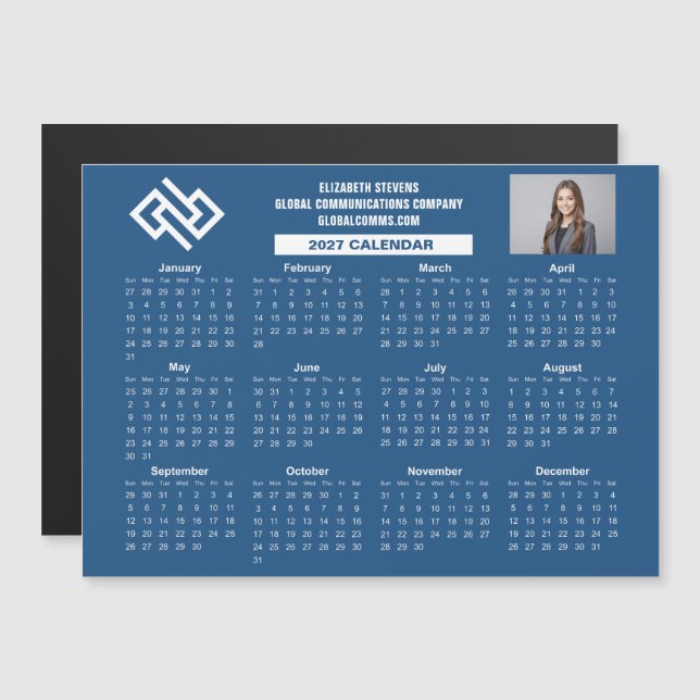 Blauer Geschäfts-Kalender 2027 mit Magnet für indi (Vorne/Hinten)