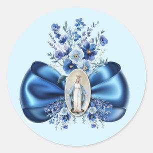 Blauer gesegnete Mutter Mary Floral Religious kath Runder Aufkleber