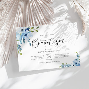 Blauer gestrichene Blume Taufe Einladung