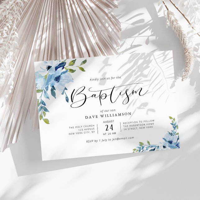 Blauer gestrichene Blume Taufe Einladung (Von Creator hochgeladen)
