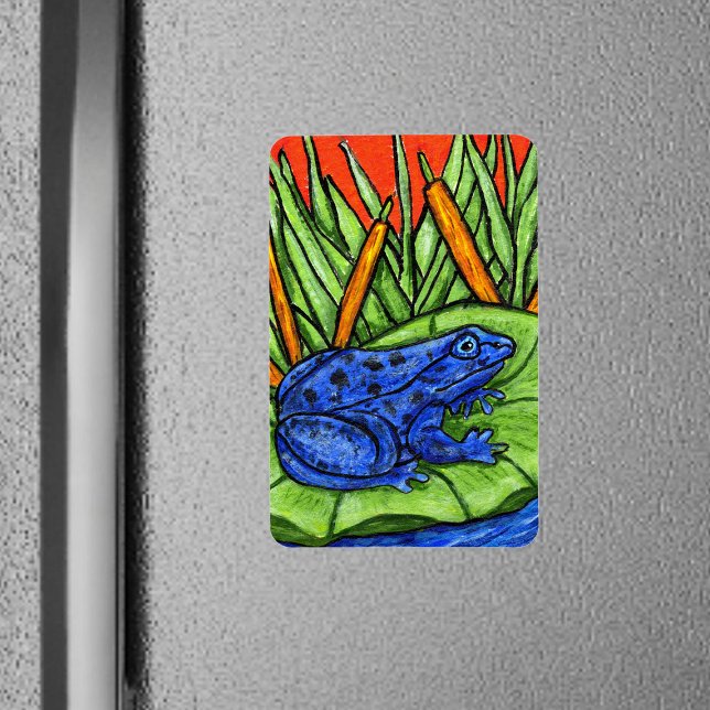 Blauer Gift Vibrang Frog Magnet (Vibrant blue poison frog on lily pad tall grass with reeds on rectangle magnet.)