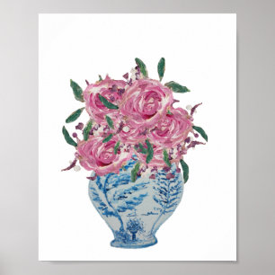 Blauer Ginger Jar Pink Roses Kunst drucken Poster
